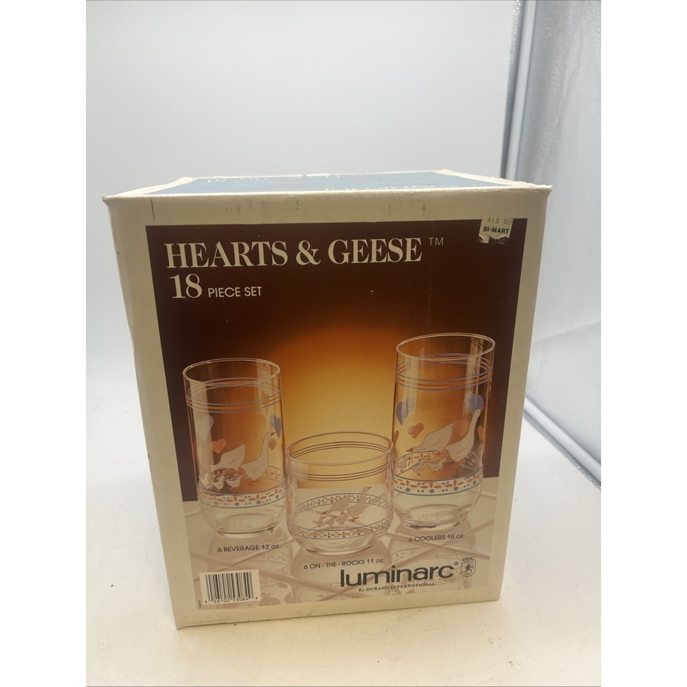 Vintage Luminarc Serenade Blue Pink Hearts & Geese Beverage Glasses Lot of 18.
